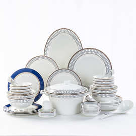 唐山骨瓷50头餐具套装欧式金边家用陶瓷碗碟盘创意节日礼品米饭碗