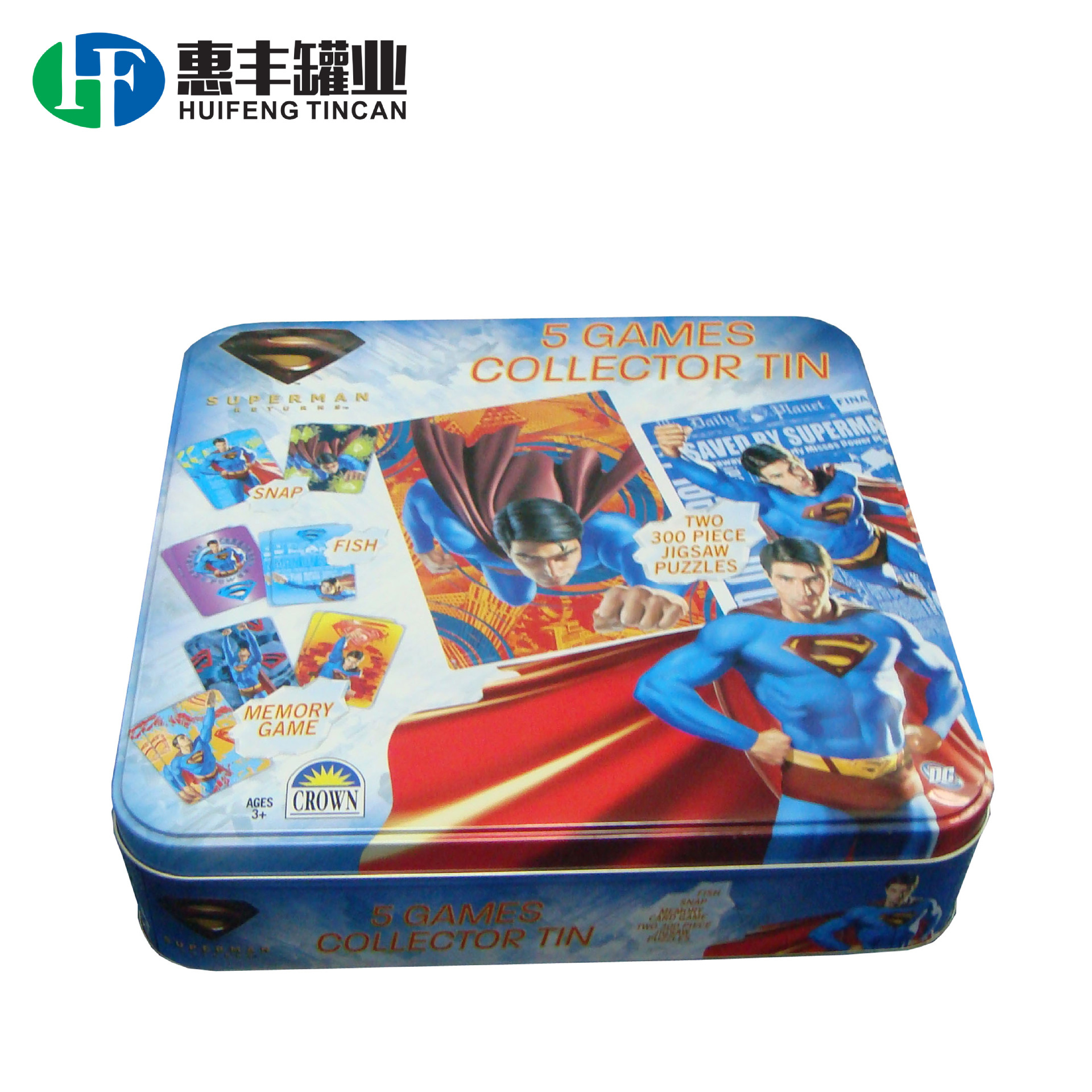 供应265X265MM马口铁大正方罐 超人礼品铁盒 金属扣底铁罐tin box