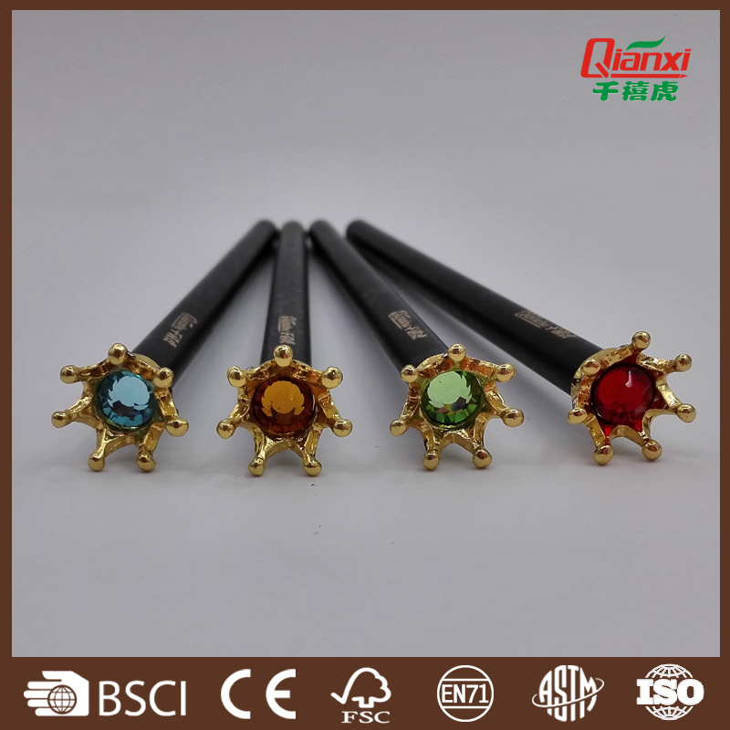 Producción profesional de lápiz de madera negro corona de alta gama lápiz de regalo de diamante de punto de madera negro publicidad HB 2B lápiz logotipo impreso