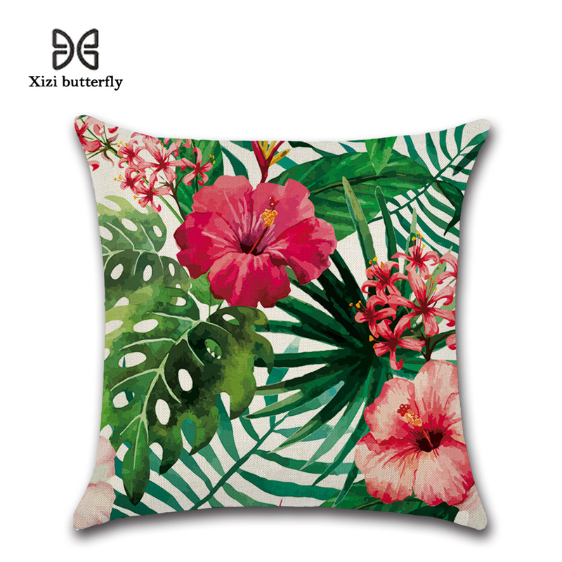 Cross-Border New Tropical Flowers and Plants Flamingo Hibiscus Linen Pillow Cover Cushion Cover Linen Amazon