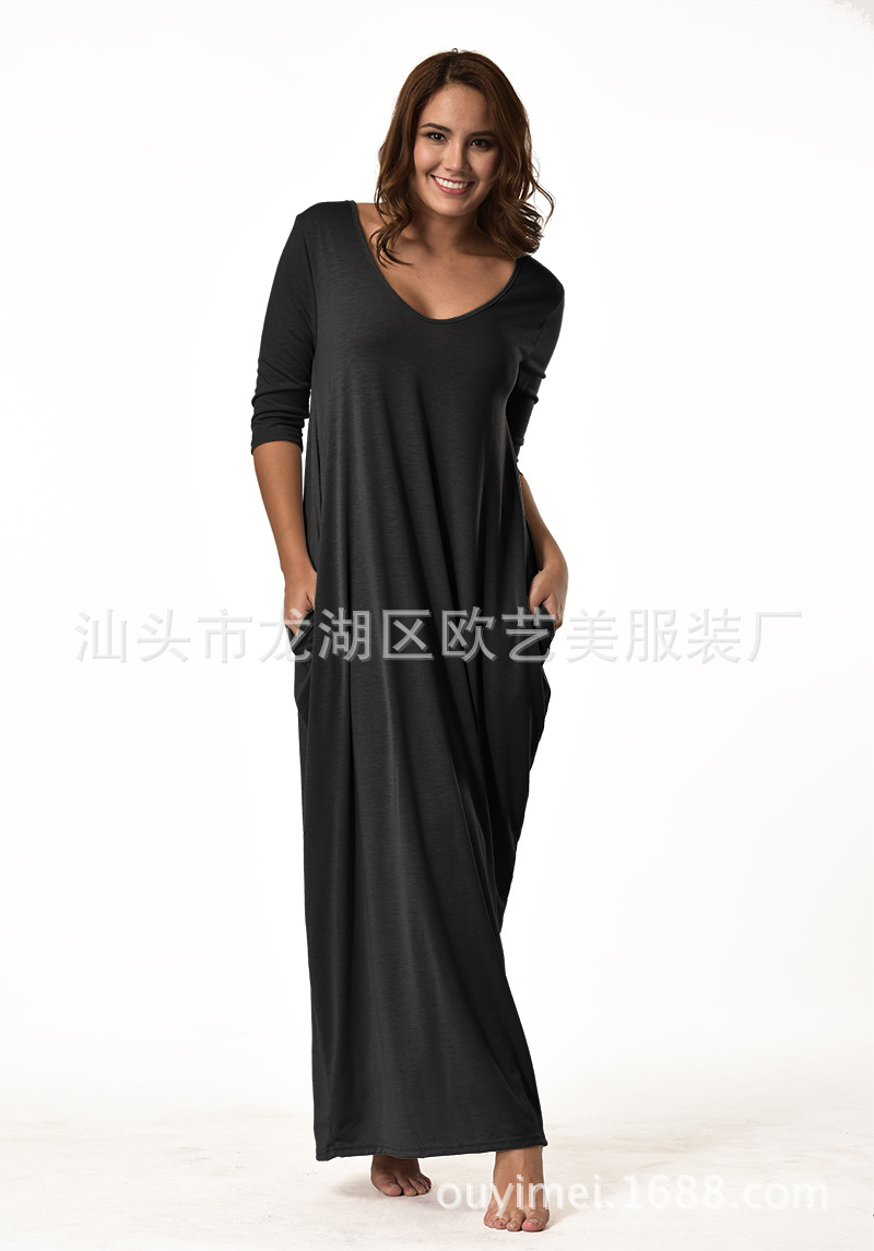 Loose Fit Solid Color Maxi Dress Casual Style Plus Size Long Sleeve Ideal for Autumn and Winter Wholesale Available