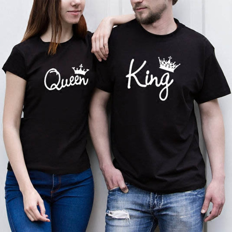 2019 summer AliExpress WISH hot sale king crown queen crown printed black short sleeve couple T-shirt