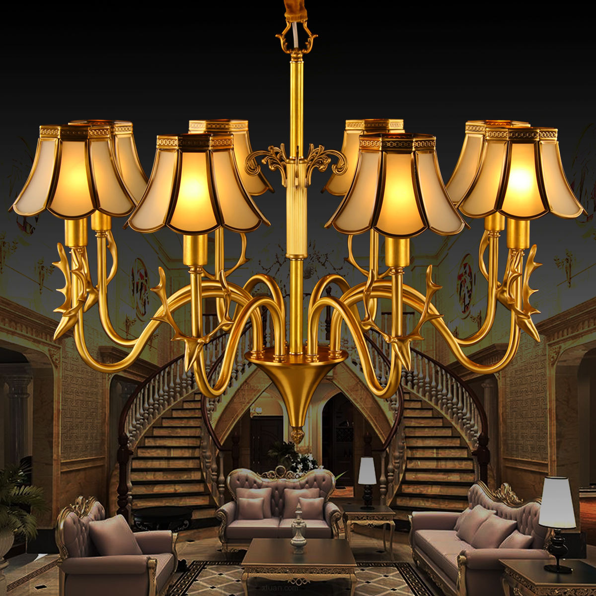 阿灯欧式全铜鹿角吊灯美式鹿头客厅餐厅卧室带焊锡灯罩吊灯罩9414