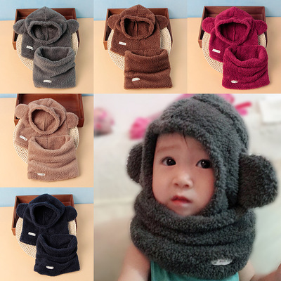 Korean Edition winter Solid children Collar Hat Two piece set men and women baby Plush scarf Hat suit
