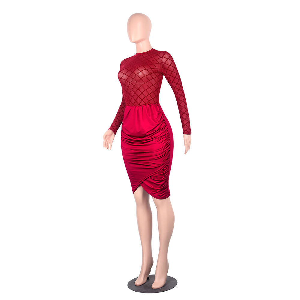 Women's Party Cocktail Sheer Dresses Wine Red Mesh Lace Crew Neck Ninth
