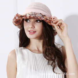 华巧 日本单帽子女夏天可折叠棉麻布印花帽 防晒渔夫帽女卷边
