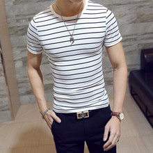 夏季韓版圓領男裝條紋t恤男式短袖潮流男式體恤一件代發批發ebay
