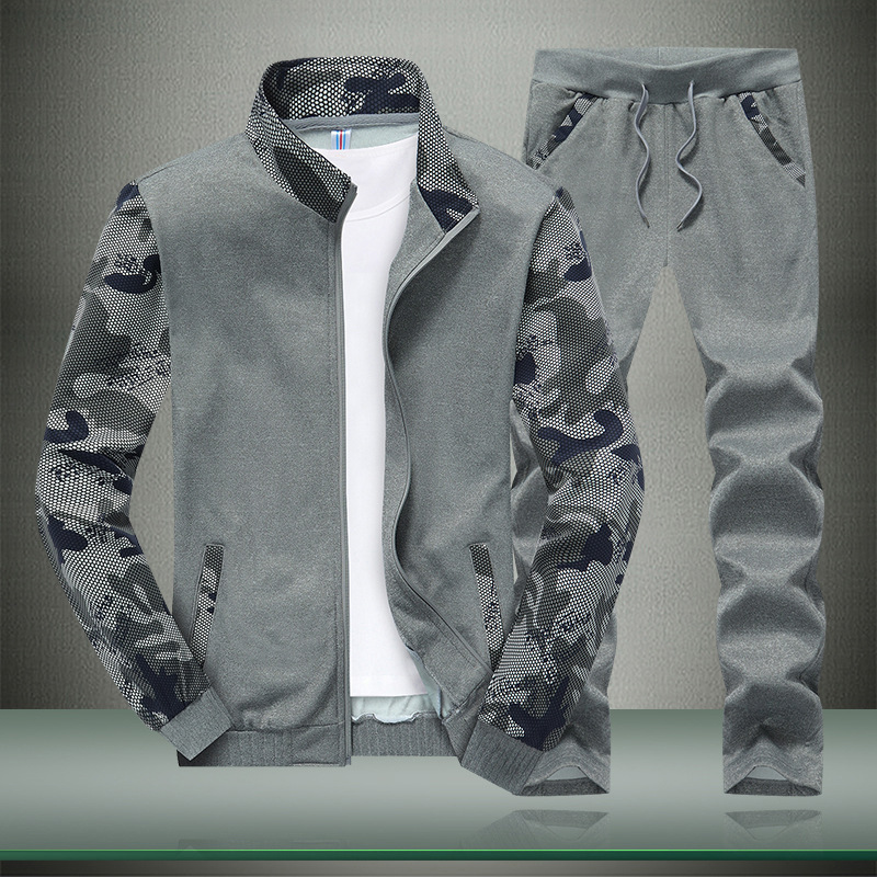 Primavera y otoño de los hombres de costura suéter deportivo casual soporte collar camuflaje manga hombres traje cardigan manga larga