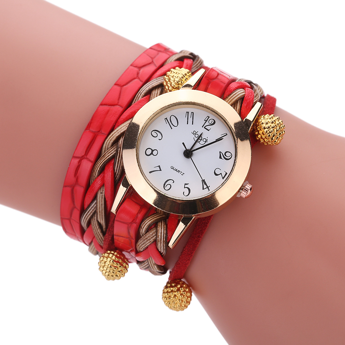 Sloggi 新款金色荔枝吊坠编制缠绕手链表女款休闲田园石英手表|ms