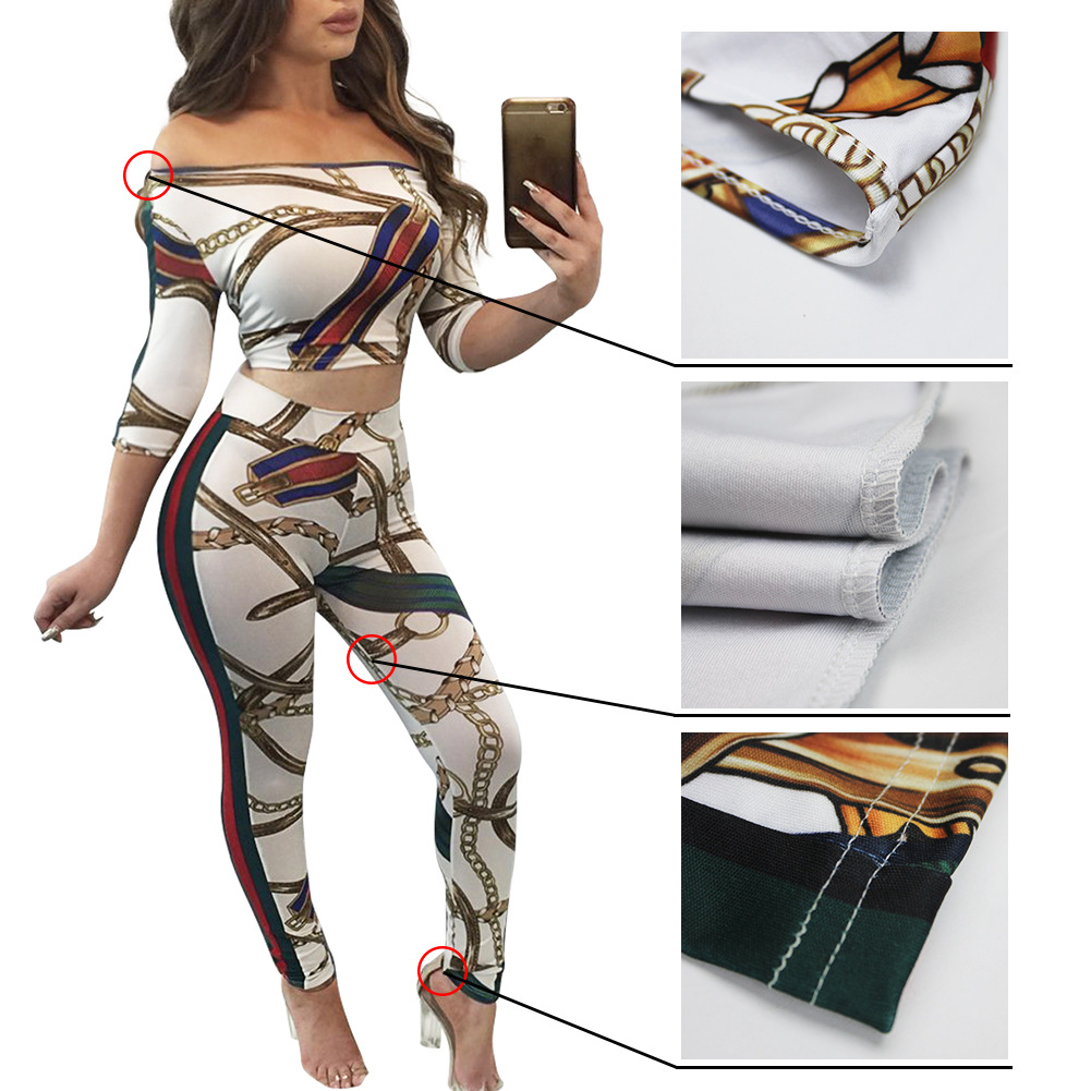 Womens Printed Gold Chain Tracksuits 3/4 Sleeved Crop Top + Slim