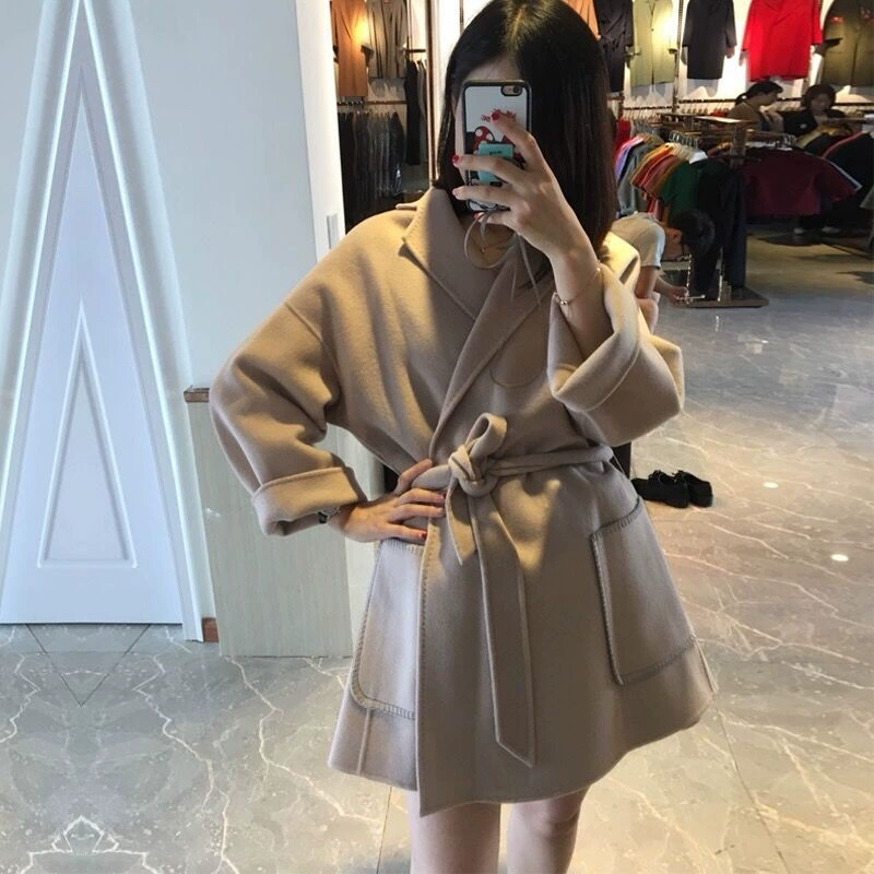 Пальто осень-зима Новое поступление, маленькое приталенное пальто ручной работы на шнуровке средней длины для женщин
