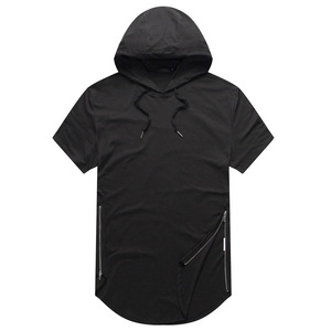 Hip hop short sleeve side zipper hooded Pullover Sweater hooded circular hem T-shirt