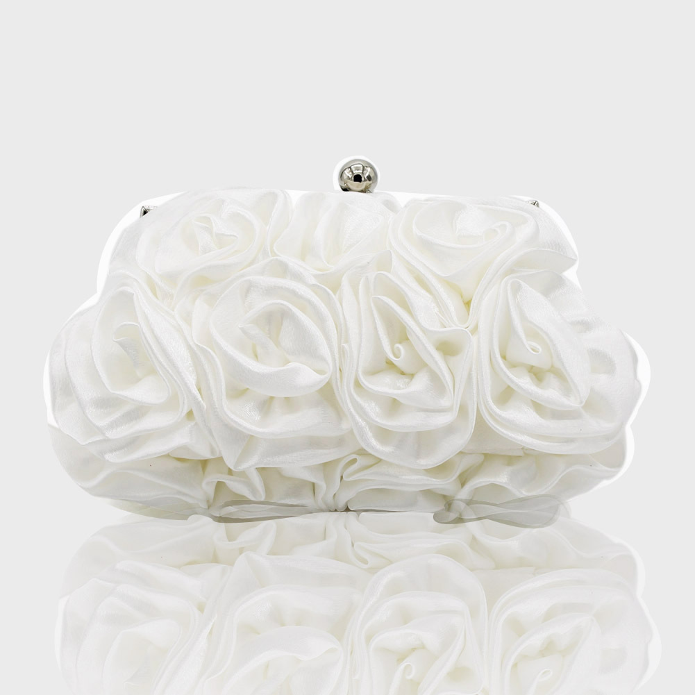 Túi clutch dạ hội satin hoa hồng 3D khâu tay 14 bông, kèm dây xích đeo chéo — Màu trắng, Màu đỏ, Màu đen, Màu Sâm panh chi tiết 13