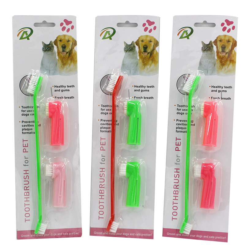 Cepillo de dientes para mascotas de tres piezas conjunto de gato y perro de doble cabeza cepillo de la manga del dedo cepillo de limpieza de mascotas dientes de molienda cepillo de dientes perro cepillo de dientes