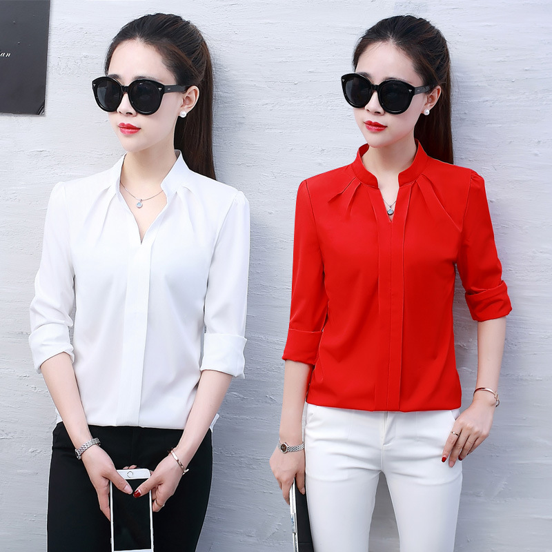 2023 Spring and Autumn New Women's Shirt Korean Version Long Sleeve Fashion Casual Bottom Loose and Slim Red Chiffon Shirt for Women