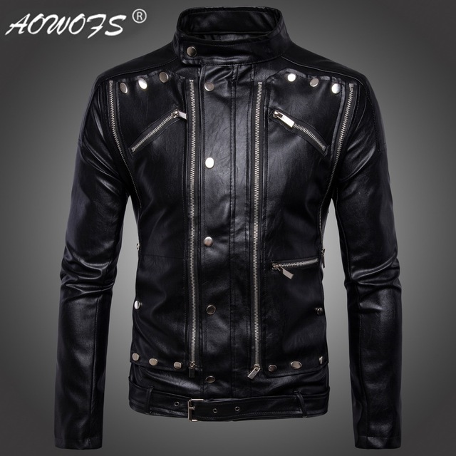 Men’s locomotive multi zip men’s leather coat jacket