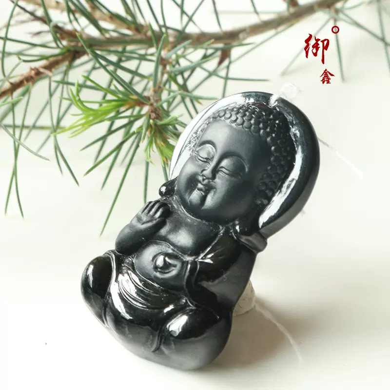 御鑫缅甸A货翡翠儿童挂件墨翠时尚宝宝佛女士项链坠儿童玉器吊坠