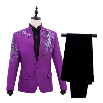 men's jazz dance suit blazers Studio men performance suit stand collar stage Western Diamond feather flower singer purple performance suit