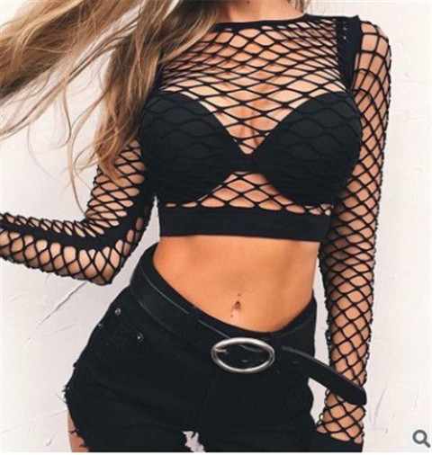 Hollow High Waist Hollow Perspective Fishnet Navel-exposed T-shirt European and American Large Mesh Short Top Large Size Didi Jumping Clothes for Women