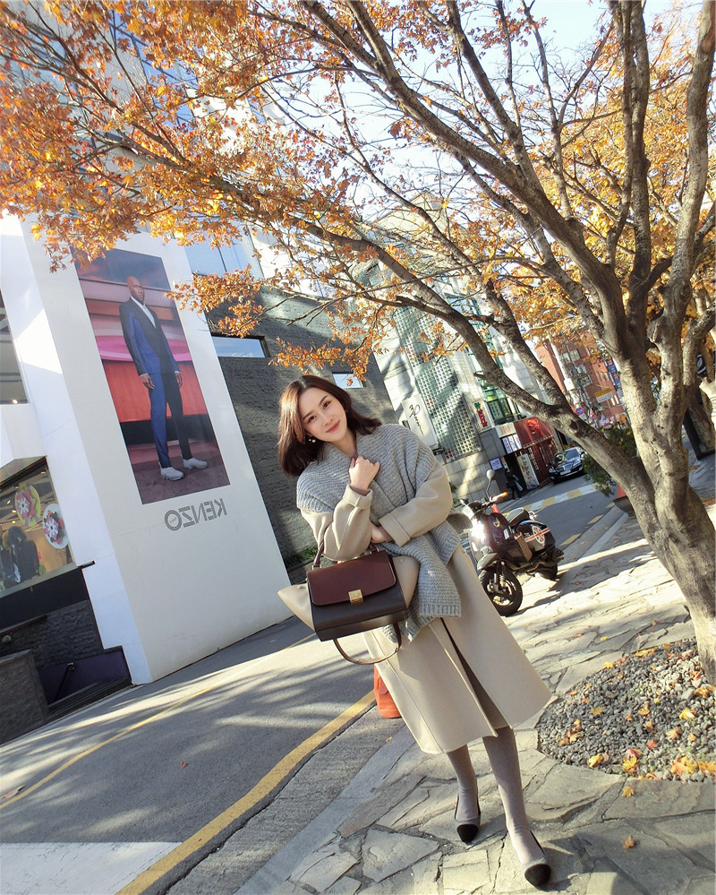 18 mùa thu và mùa đông phiên bản mới của Hàn Quốc của hồ sơ màu sắc nặng của bột yến mạch trà lỏng làm thủ công áo khoác hai mặt mẫu áo dạ đẹp 2021