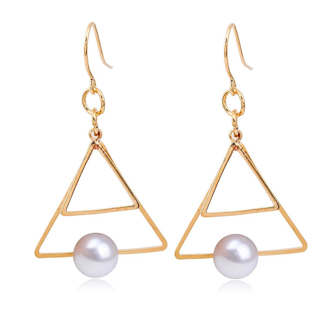 Hot Sale Multilayer Geometric Triangle Earrings Vintage Pearl Double Triangle Stud Earrings Wholesale display picture 1