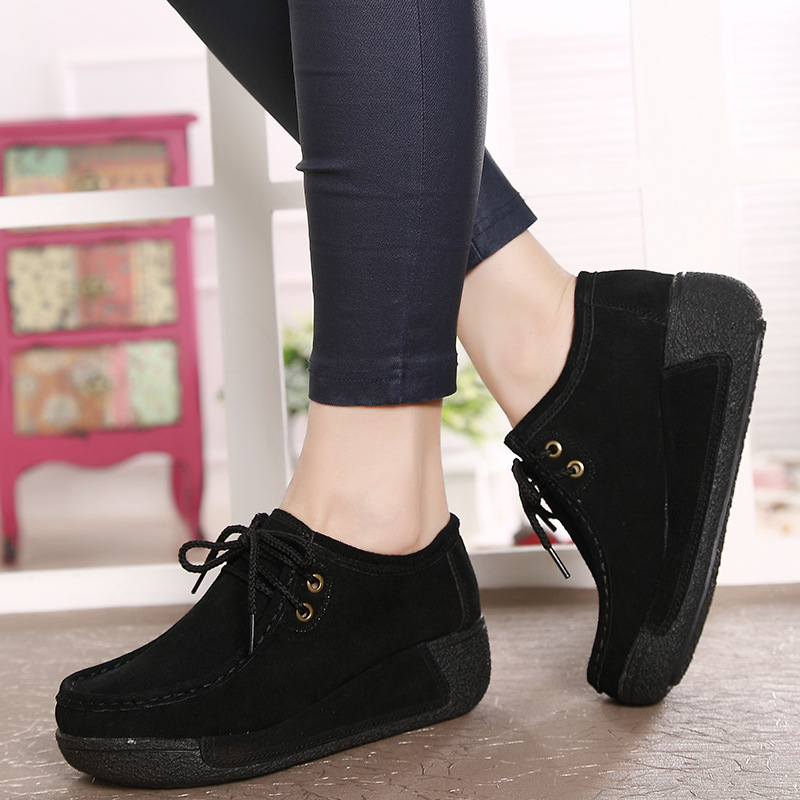 Autumn 2017 New Lace-up Casual Shoes Frosted Leather Round Toe Shake Shoes Women's Shoes Platform Thick Sole Wedge Moms Shoes