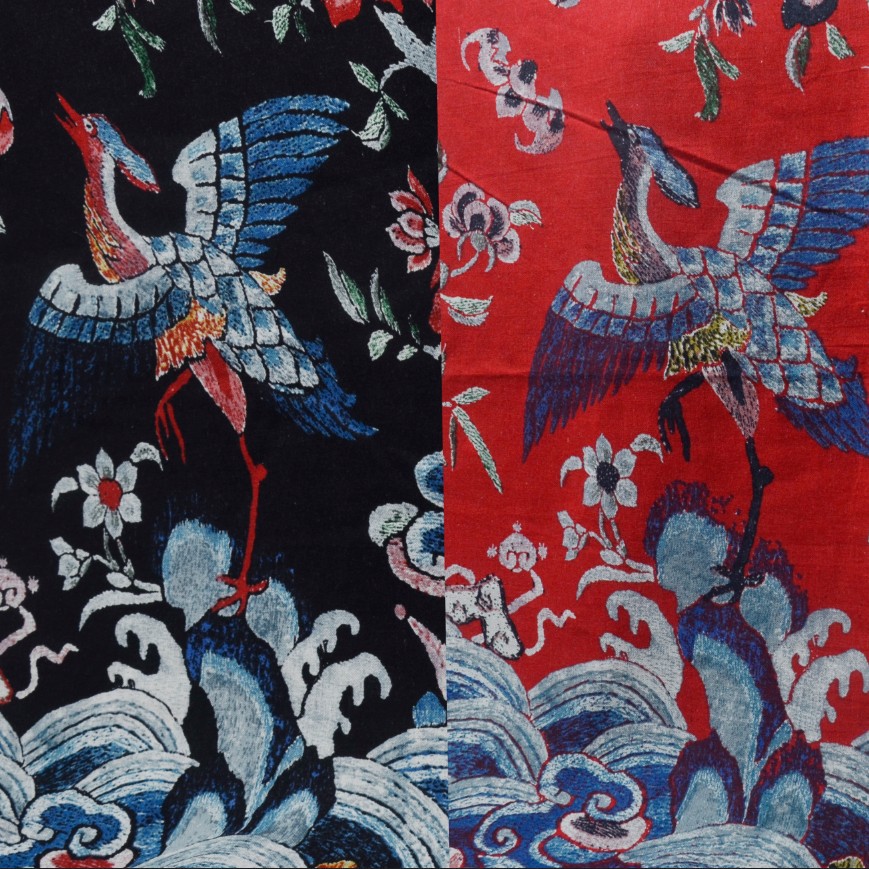 中国风印花棉麻布料 复古风仙鹤水纹服装家居面料两色