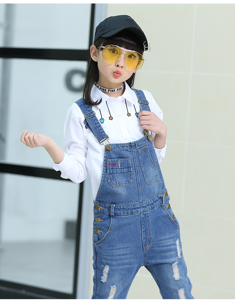 女童牛仔背带裤_女童牛仔背带裤春秋款破洞中