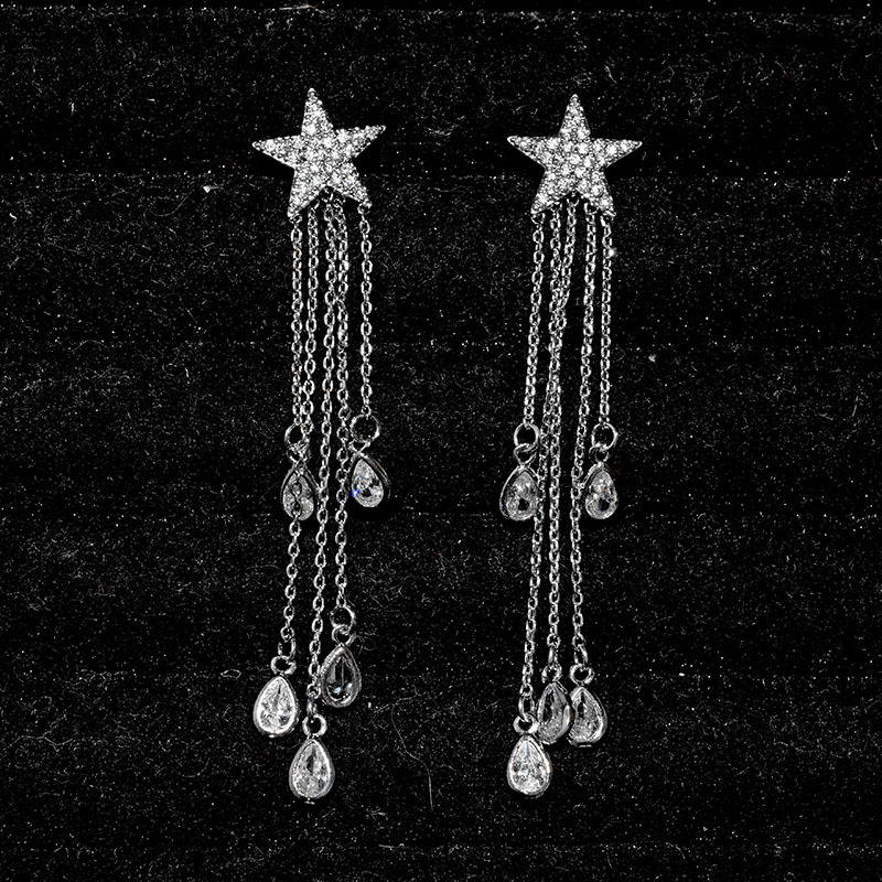 Korean Fashion New Five-pointed Star Tassel Zircon Sterling Silver Needle Earrings Wholesale Nihaojewelry display picture 3