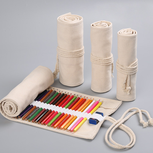 Natural gray cloth pen curtain 12/24/36/48/72 hole sketch colored lead creative roll pencil bag simple wind canvas pen box