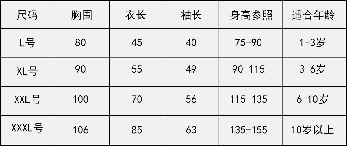 儿童防水罩衣尺码