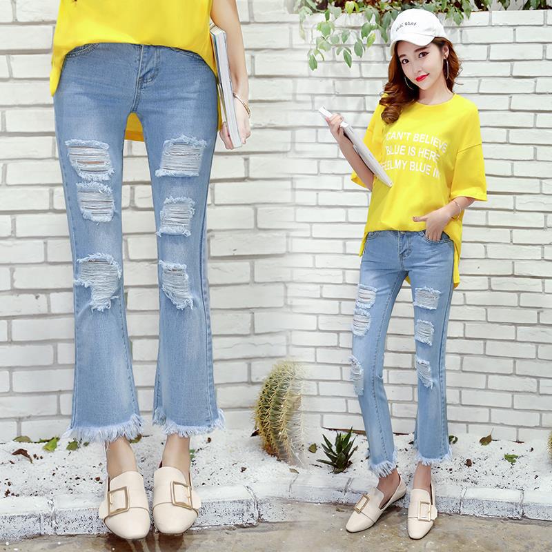2017春夏新款韩版女式牛仔裤 破洞微喇叭裤 九