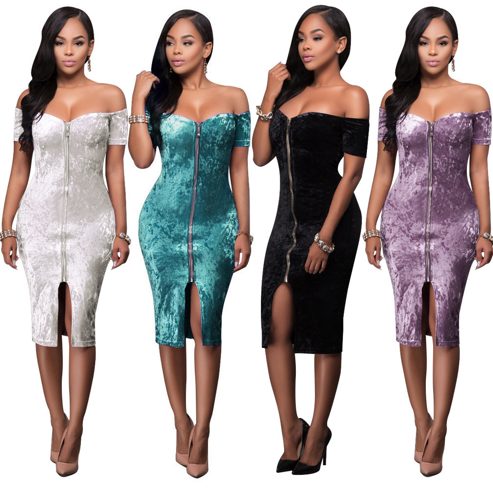 wish 速卖通款 欧美金钻绒拉链一字领连衣裙绷带裙 夜店裙R704