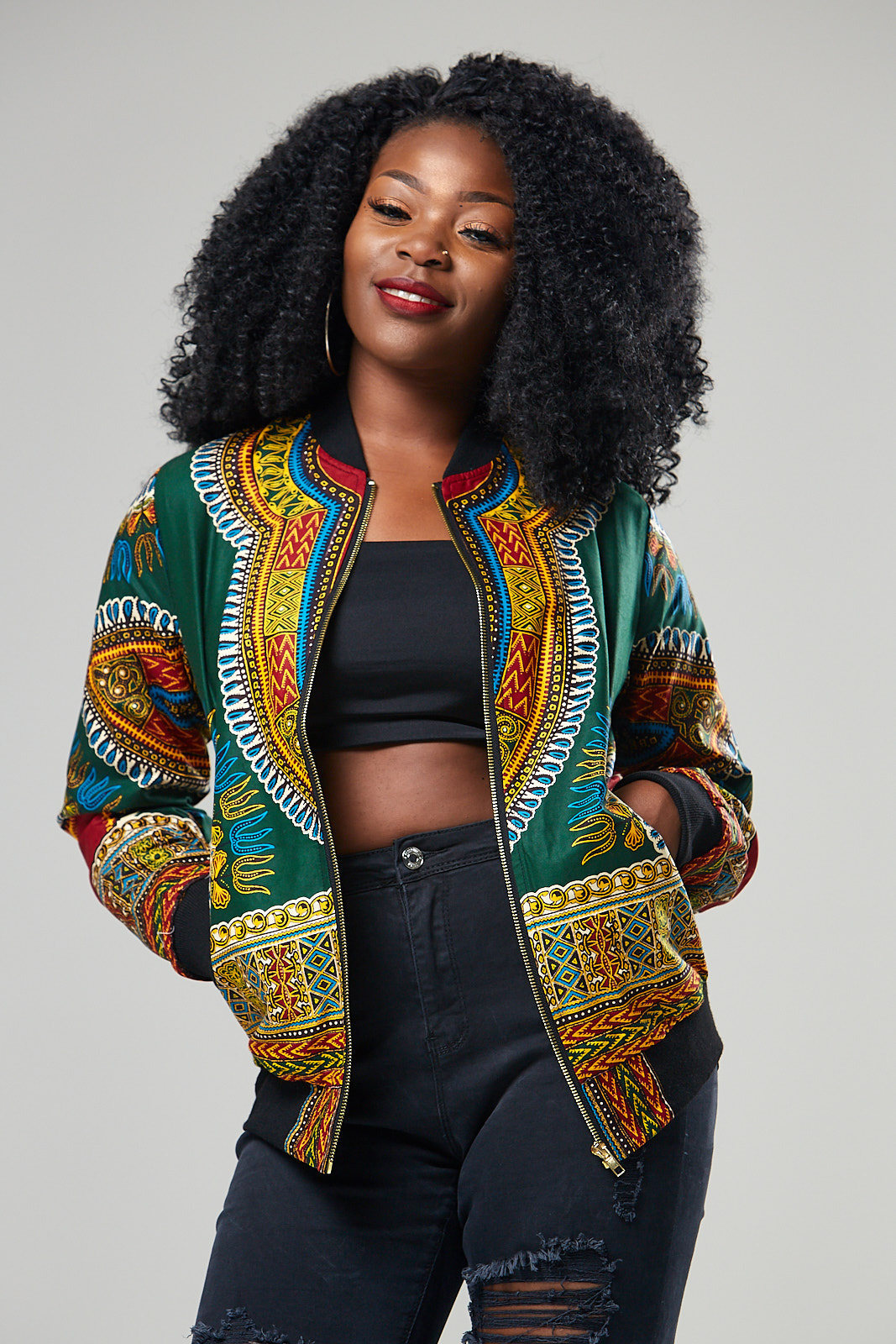 African Print Bomber Jacket Women Fall Winter Long Sleeve Zip Up Coat