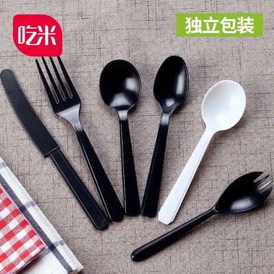 吃米 一次性长柄塑料刀叉勺西餐快餐勺子水果叉外卖汤勺500只|ms