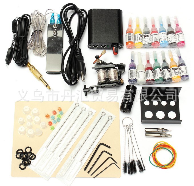 黑色14瓶色料专业纹身机套装 纹身穿刺器材批发 eaby 速卖通爆款