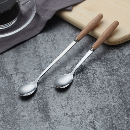 Q创意木柄不锈钢 西餐刀叉两件套 餐刀叉子勺子 饭勺汤勺甜品勺