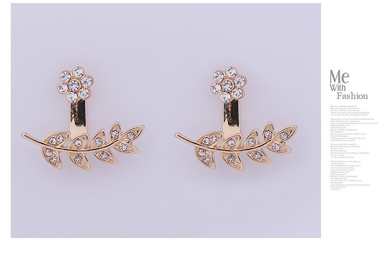Plum Leaf Full Diamond Earrings Silver Alloy Fashion Front Back Buckle Earrings detail image 7