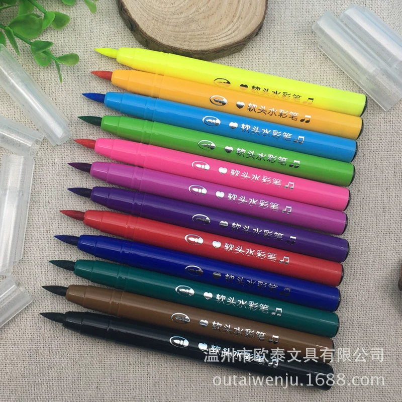 Акварельные карандаши, мягкая экологичная пишущая Brush, детские канцелярские принадлежности для рисования, 12 цветов