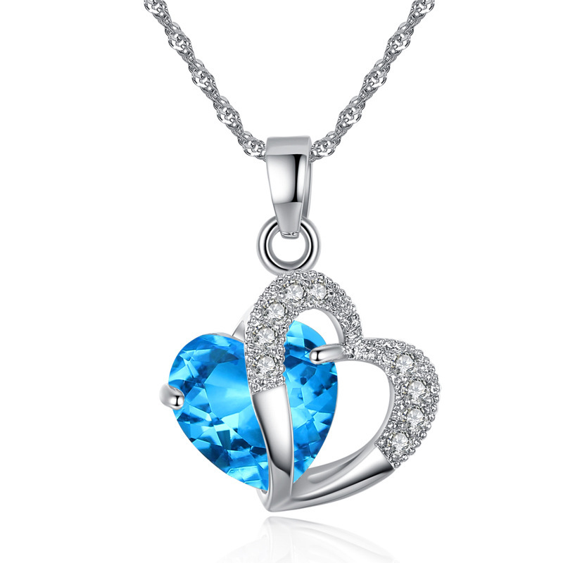 Simple Et Élégant Coeur Bleu Boucle D&#39;oreille Ensemble Zircon Micro Incrusté Double Coeur Collier Court Boucle D&#39;oreille Ensemble En Gros Nihaojewelry display picture 3