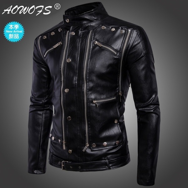 Men’s locomotive multi zip men’s leather coat jacket