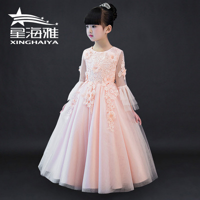新款儿童礼服公主大童花童婚纱长裙女童生日钢琴演出服花仙子批发|ru