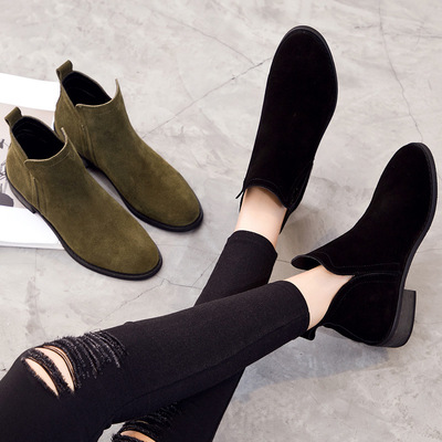 欧沙亚秋冬新款真皮女鞋粗低跟平底磨砂皮切尔西短靴裸靴一件代发|ms