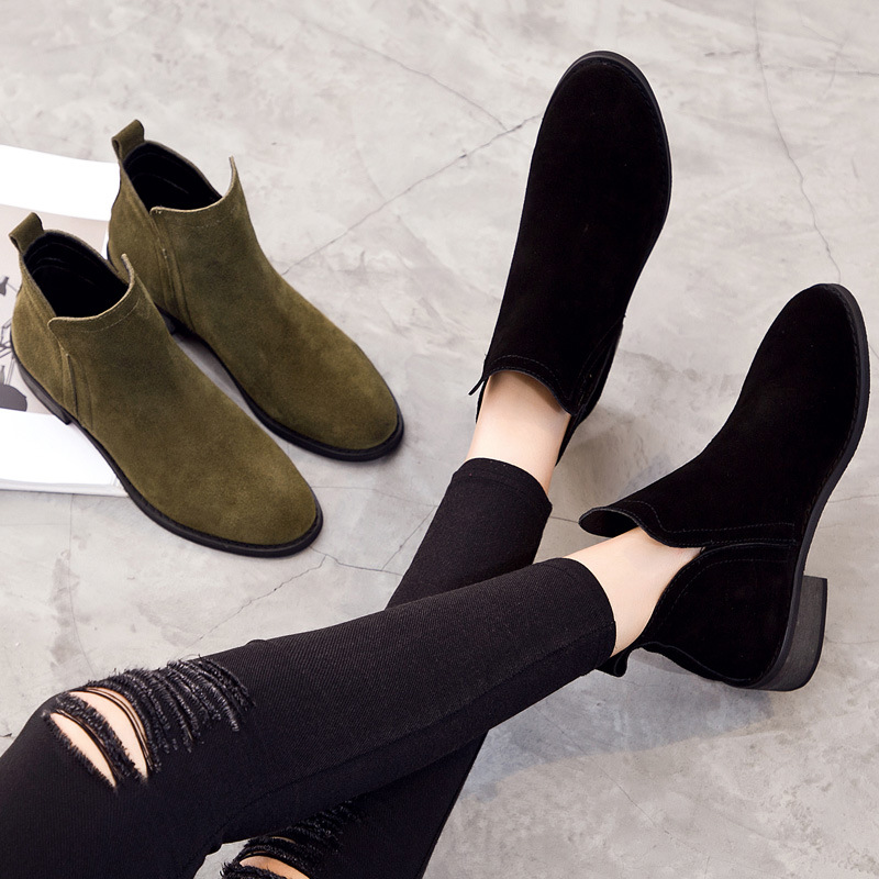 欧沙亚秋冬新款真皮女鞋粗低跟平底磨砂皮切尔西短靴裸靴一件代发|ms