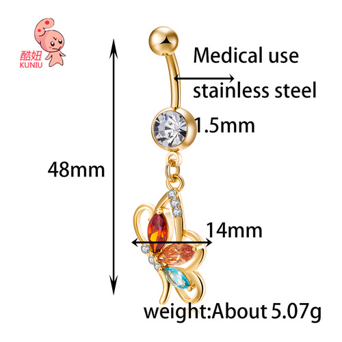 Factory direct sales personalized butterfly navel ring fashionable zircon navel nails stainless steel belly dance navel nails navel ornaments