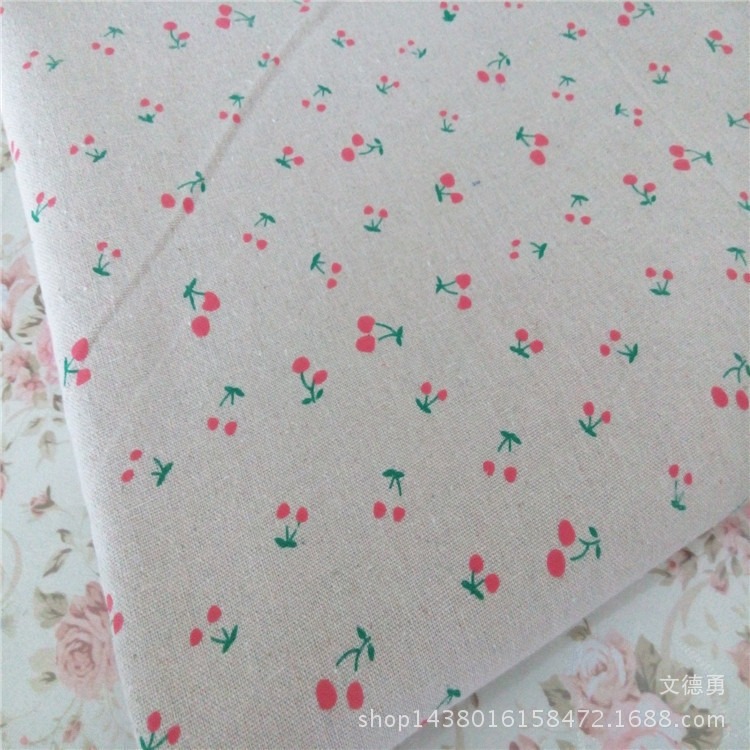 亚麻印花  红樱桃 绿樱桃 手工DIV 麻布面料