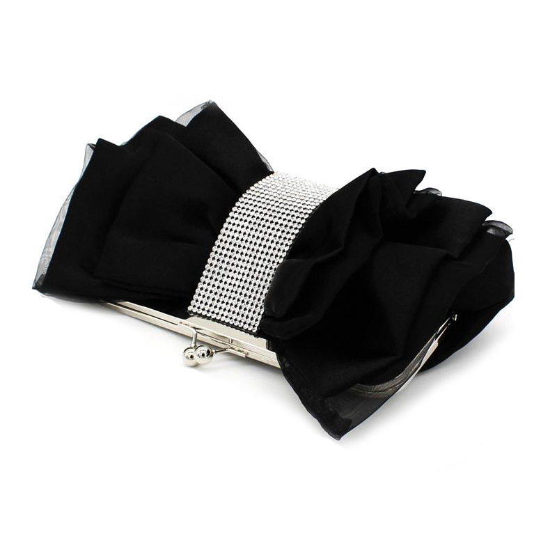 Túi clutch dạ tiệc satin nơ xếp ly đính kim cương – kèm dây đeo chéo — Màu đỏ, Màu đen, Màu Sâm panh, Màu bạc chi tiết 9