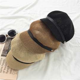 韩版皮带女士夏天亚麻透气鸭舌帽户外八角帽遮阳帽欧美时尚贝雷帽