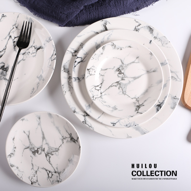 Ayilou Hotel Tableware Ceramic Plate Household Marble Pattern Flat Plate Fish Plate Gift Restaurant Dishes and Dish Set
