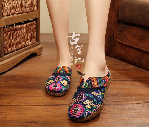 Ethnic style pure handmade linen embroidery weaving cross stitch shoes literary embroidery retro women's slippers trendy